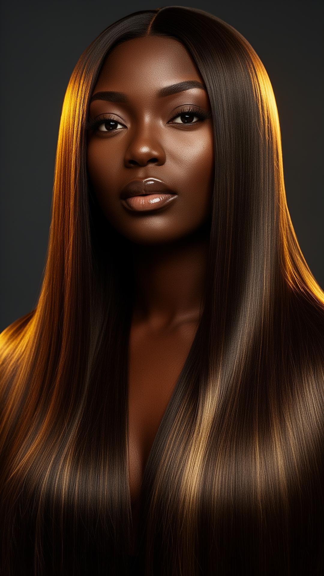 Model with luxurious flowing long straight hair under gold rim light