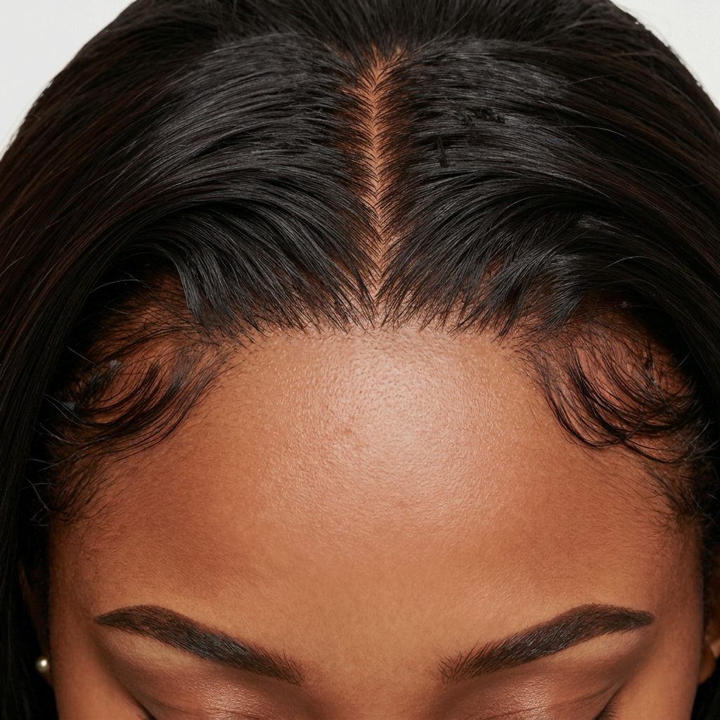 Macro close-up of an undetectable HD lace frontal melt against the scalp